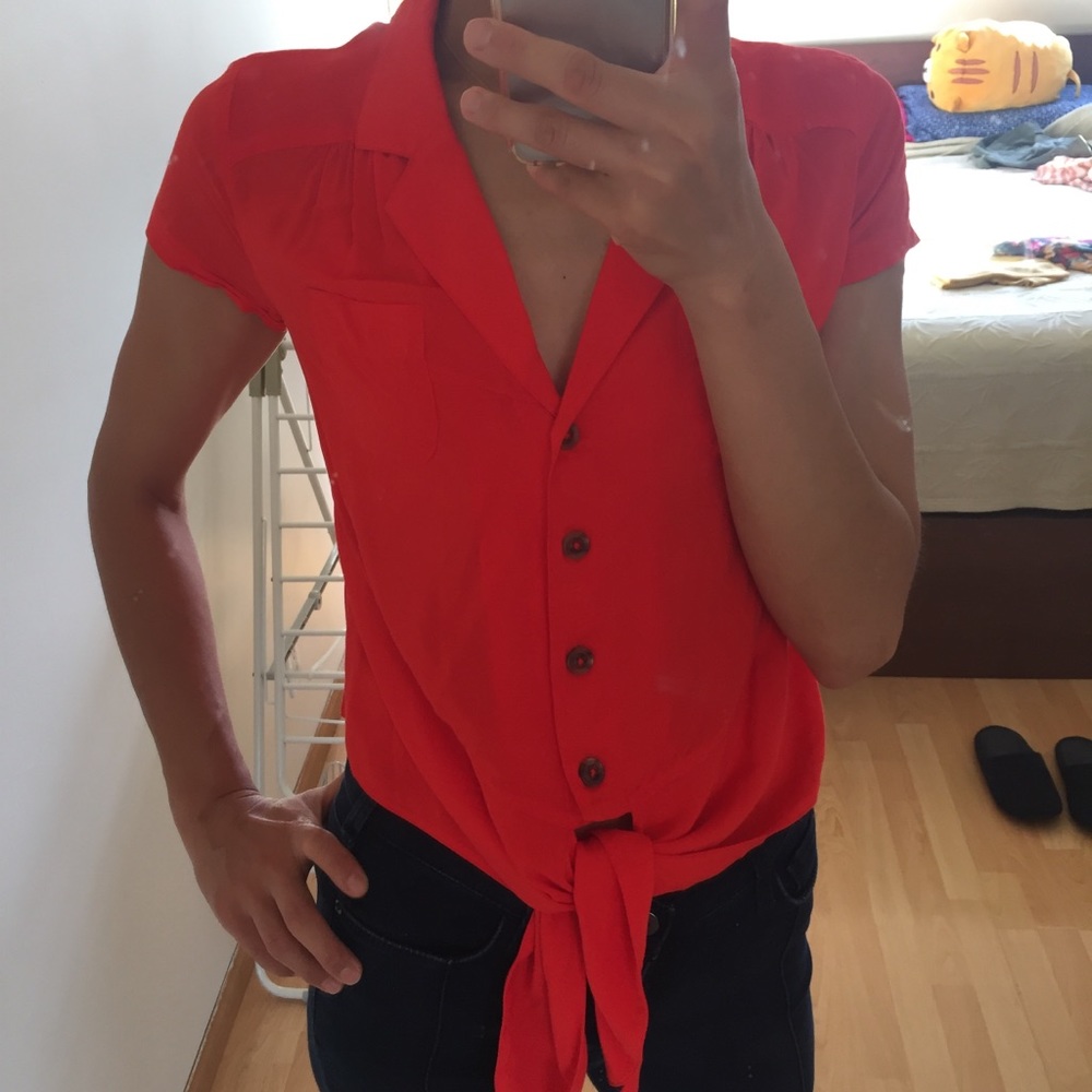 Anthropologie Maeve tomato red blouse.